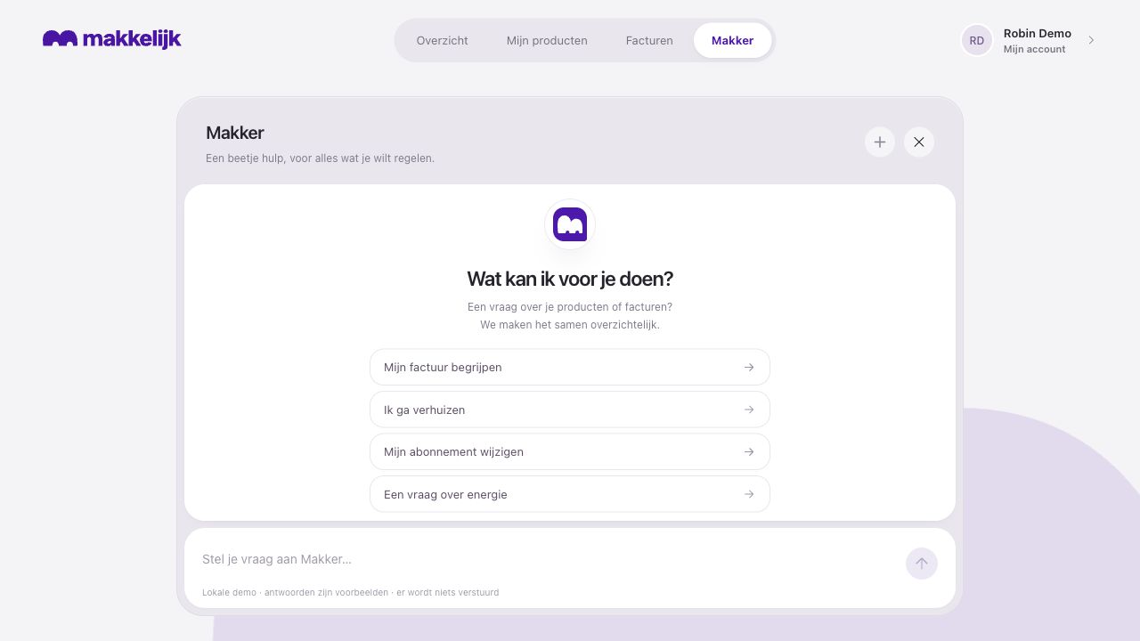 Makker startscherm met logo en voorbeeldvragen